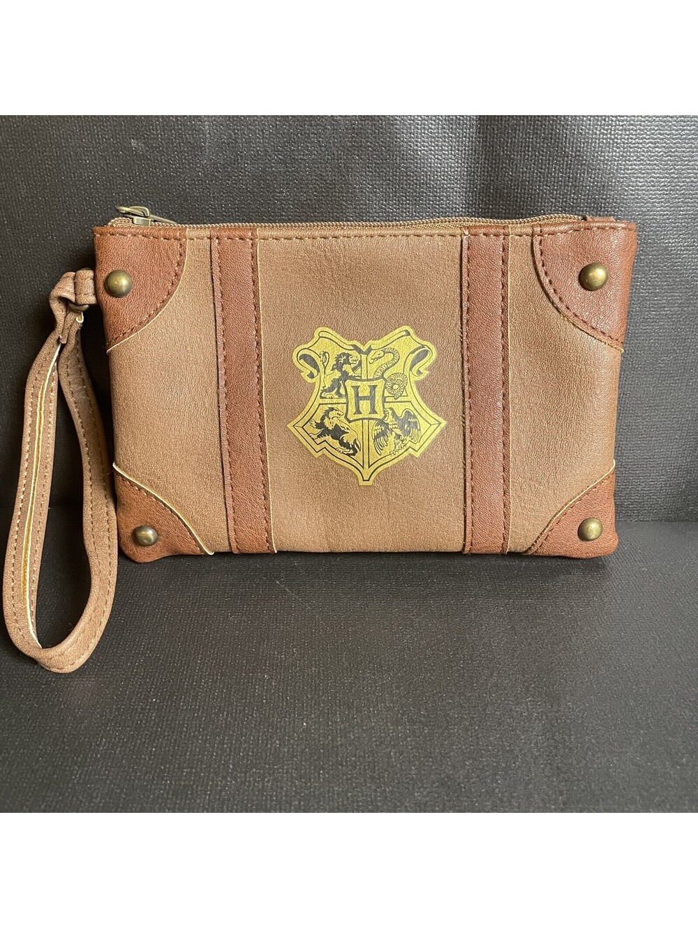 Harry Potter Wristlet Wallet Brown Cosmetic Coin Bag w Strap Ex. Condition Small